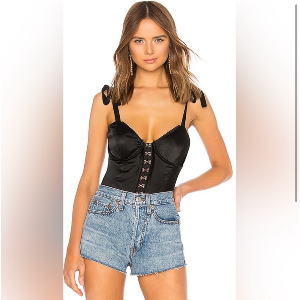 For Love and Lemons Lucy hook and eye satin bodysuit. Black. XS